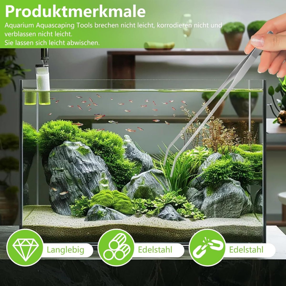 Complete Aquarium Tool Set 4 in 1 voor Onderhoud van Waterplanten en Terrarium - RVS Tangen, Scharen en Voedingsklemmen voor Reptielen en Aquatische Planten thumbnail 5