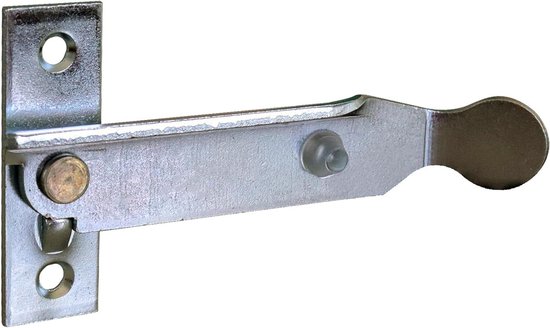 Grijze metalen luikenstopper met een rond handvat en scharnier.