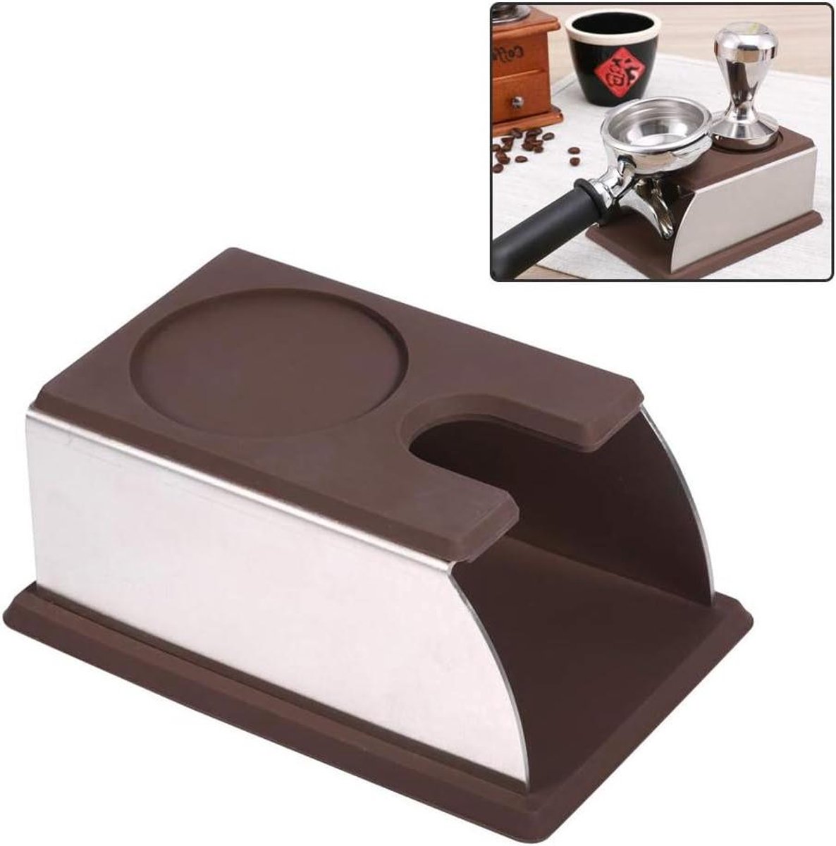 Koffie Tamper Station - Poederhouder - Koffie Bereiden - Gedemonteerd Design - 14 x 7.5 x 6.5 cm - Donkerbruin