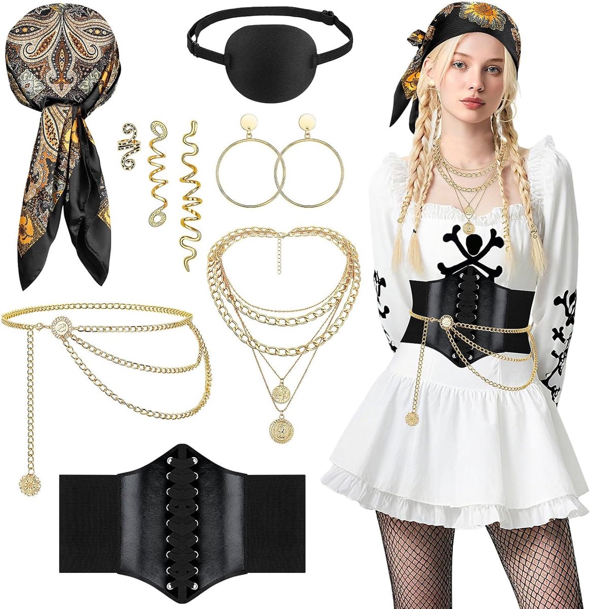 Carnaval Piratenkostuum voor Vrouwen - 7-delige Set met Hoofddoek, Sieraden en Accessoires voor Feestelijke Gelegenheden