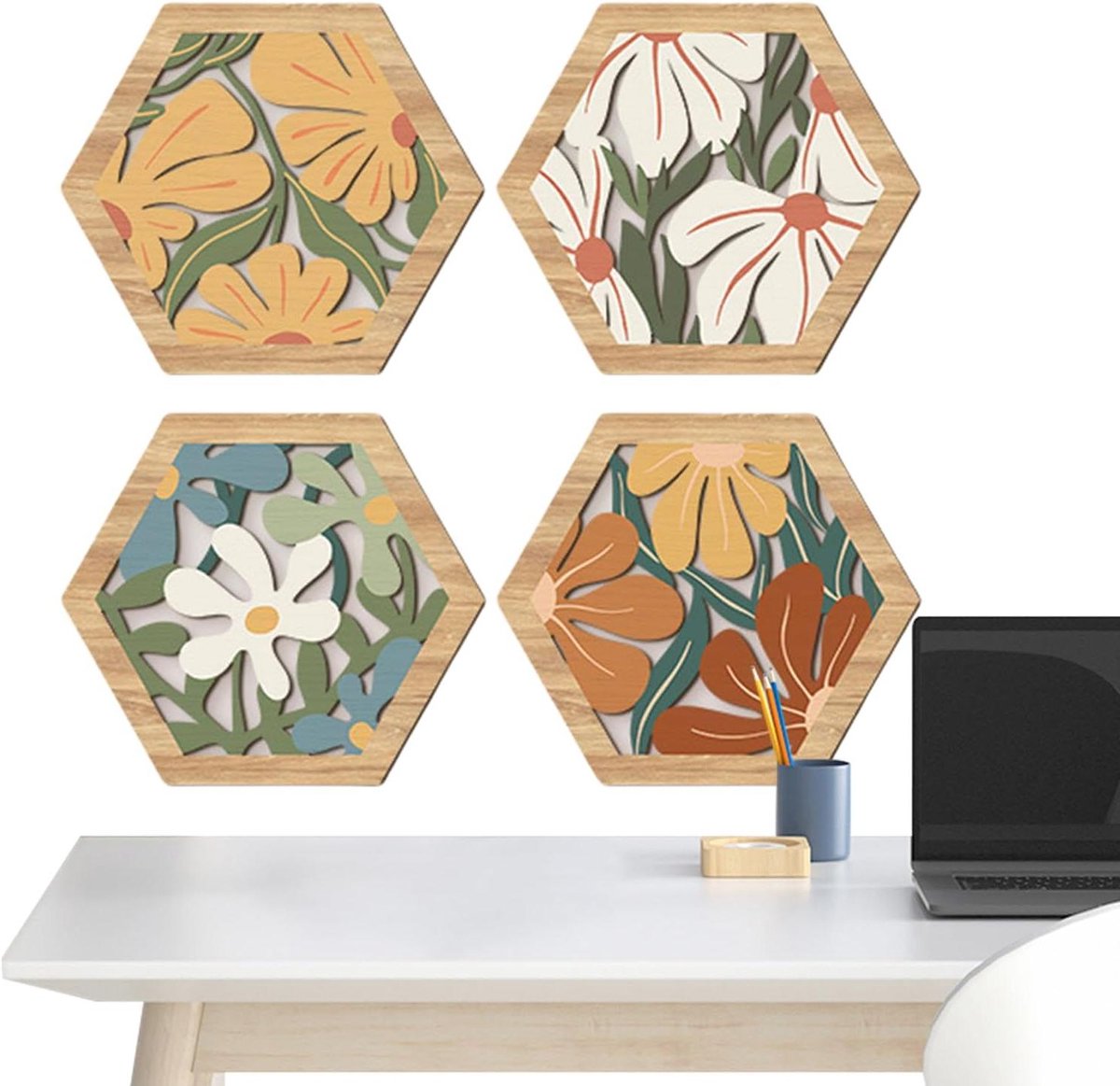 Houten Wanddecoratie Set - Bohemian Muurkunst - Interieur Verfraaien - Moderne Geometrische Vormen - 4 Delig - Natuurlijk Hout