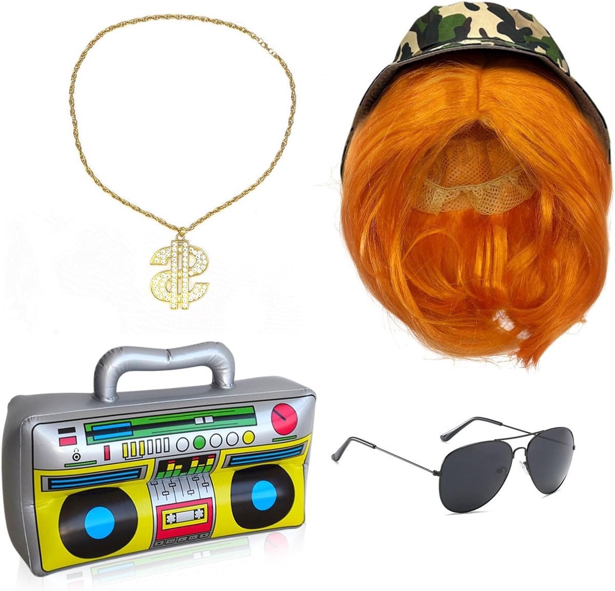 Set van 5 Retro Hip Hop Kostuumaccessoires voor Carnaval met Perücke, Hoed, Neppetrommel en Zonnebril