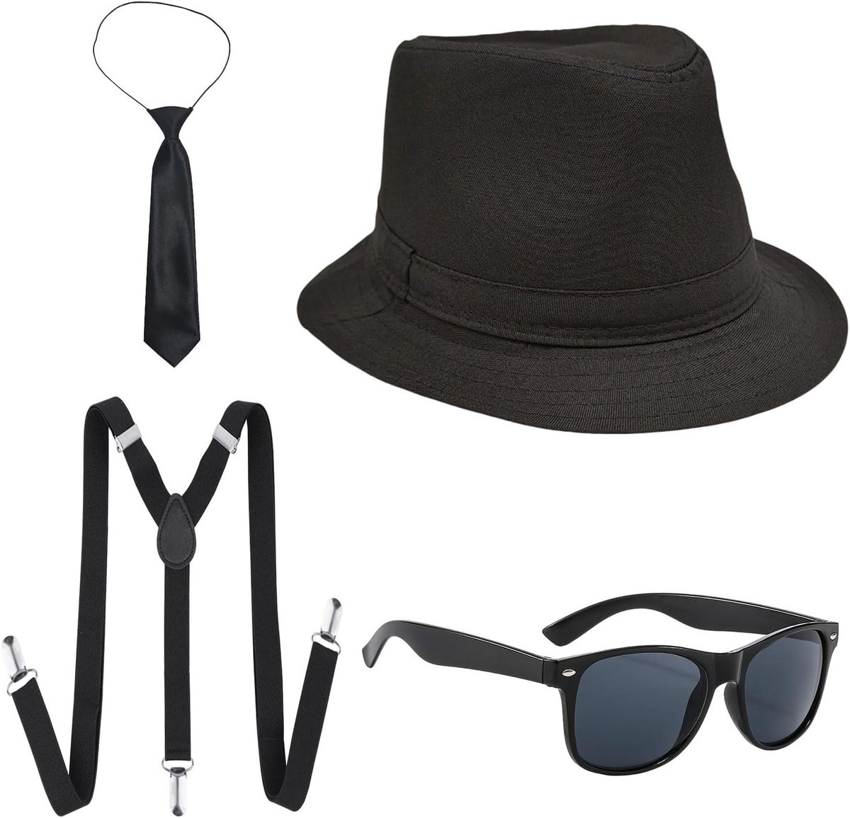 Volwassen Gangster Kostuum voor de Jaren '20 en '90 met Fedora Hoed, Braces, Stropdas en Zonnebril voor een Gatsby Themafeest