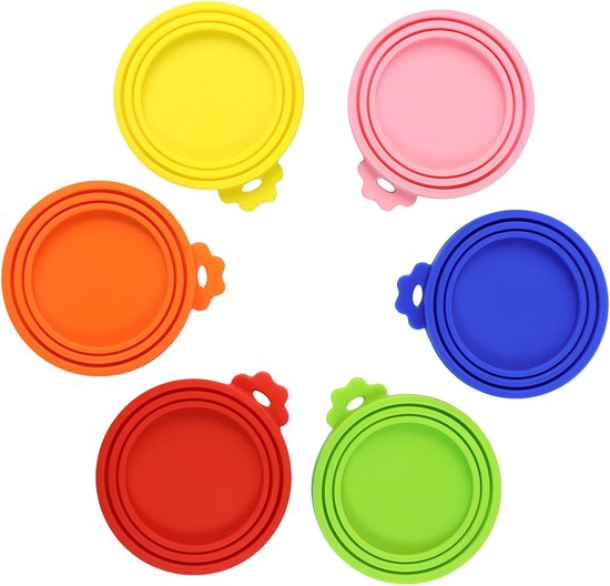 Zes ronde, op elkaar gestapelde siliconen deksels in geel, roze, blauw, rood, groen en oranje.