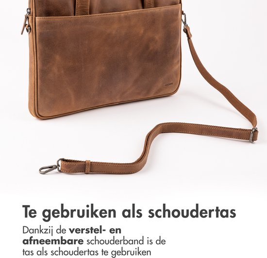 Bruine leren laptoptas met een afneembare en verstelbare schouderband.