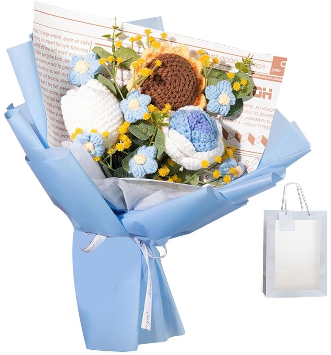 Gebreid Boeket - Gehaakte Bloemen - Huis Decoratie - Handgemaakt Vakmanschap - 35x27cm - Blauw