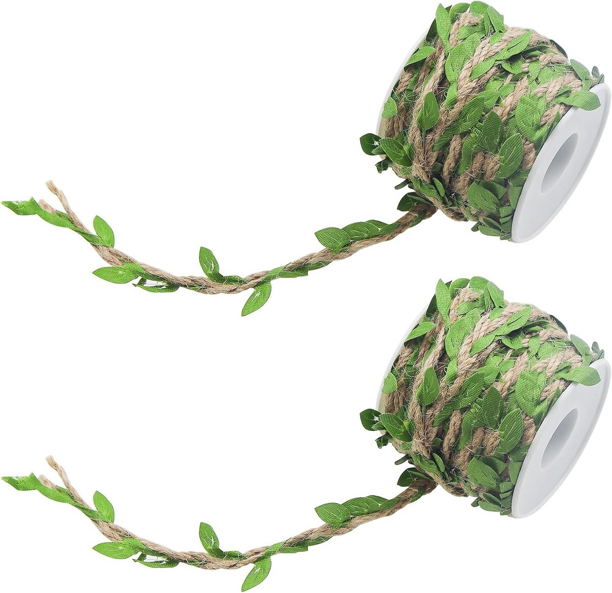 2 Rollen 10m Jute Touw met Kunstmatige Bladeren voor Decoratieve Ribbons, DIY Hoofddeksels, Bruiloften en Tuinprojecten