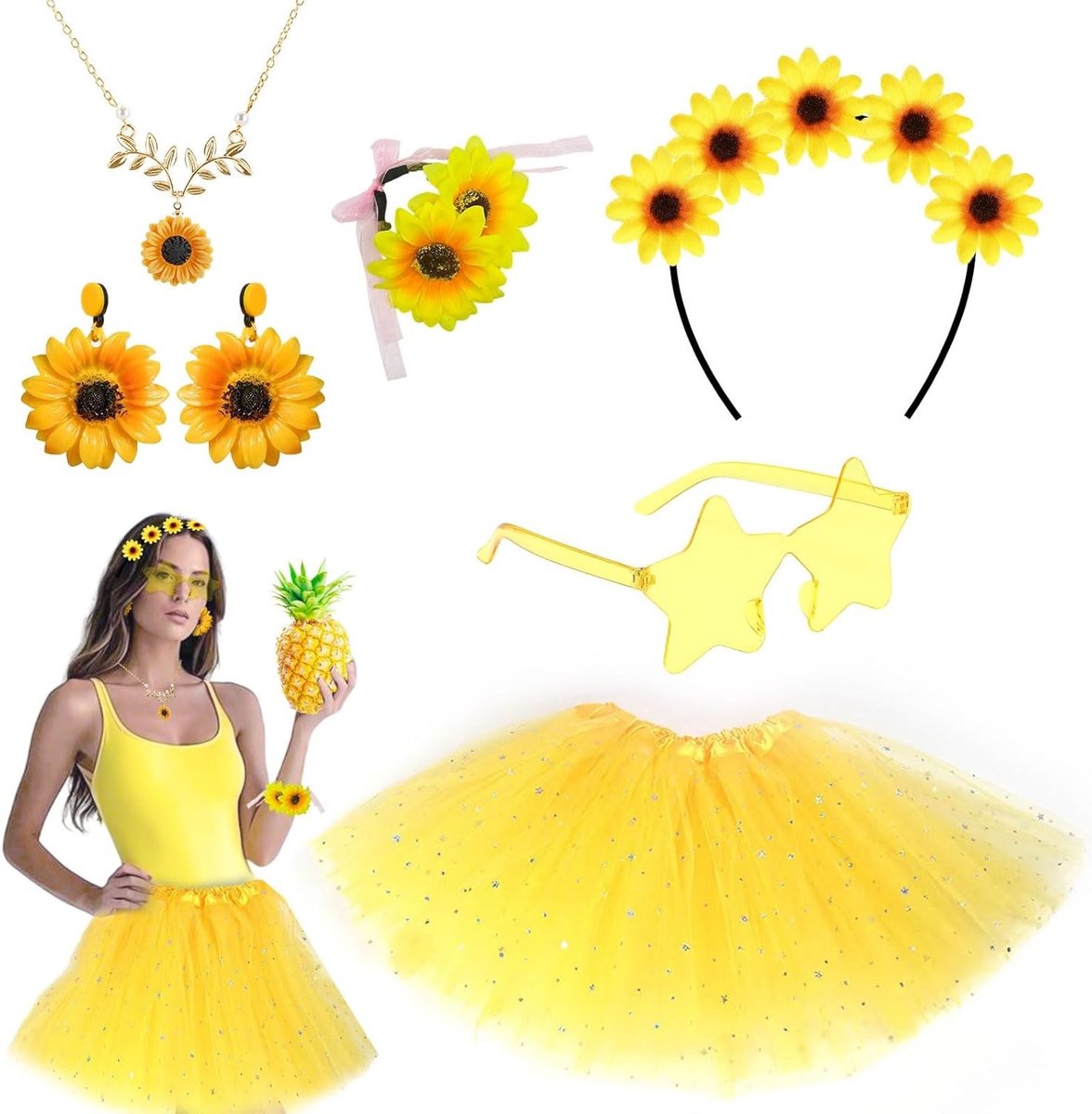 Zesdelige set zonnebloem kostuum met gele tule rok, zonnebloem oorbellen, ketting en haarband voor themafeesten en carnaval