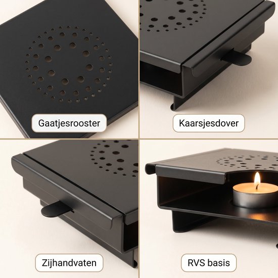 Lomera Warmhoudplaat - Rechaud op Waxinelichtje - Voedselverwarmer - Schotelwarmer - Bordverwarmer - Non-Stick Coating - Warmhouder - Theelichthouder - Tafelwarmer - Handvaten - Afneembaar Rooster - Kaarsjes - Zwart — afbeelding 4