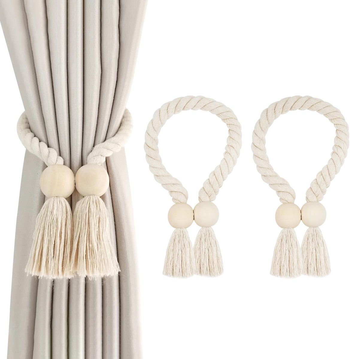 Smoakez - Magnetische Gordijnband - Gordijnhouder - Handgeweven Katoen - Beige - Boho Decoratie - Sterke Magnetische Kracht - Geschikt voor Thuis e...