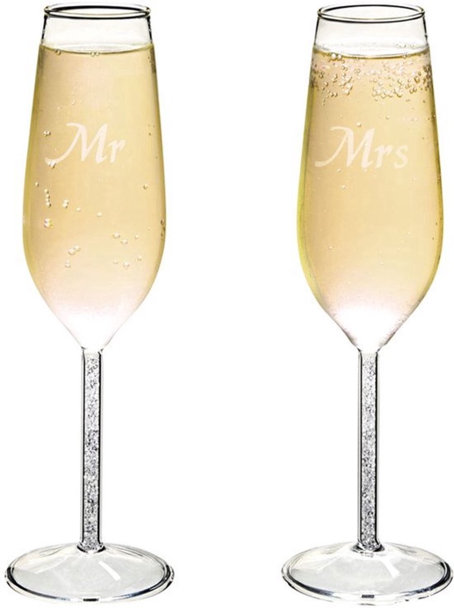 Champagnefluitglazen Set van 2 - Mr en Mrs - Gegraveerd - 4,5 x 7 x 24 cm