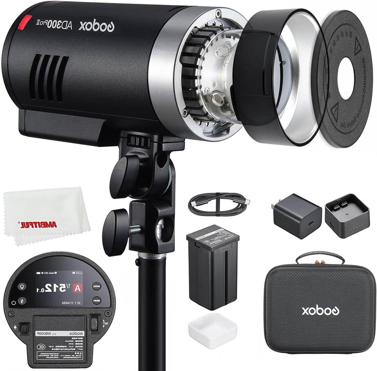 Krachtige 300Ws Outdoor Flitser met 12W Bi-Color Licht, 2.4G Wireless X Systeem, TTL en HSS Compatibel met Canon, Nikon, Sony, Fuji, Olympus en Pentax Camera's