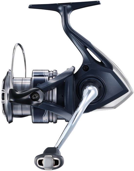 Shimano Catana FE 2500 spinmolen in donkerblauw met zilveren details en een metalen slinger.