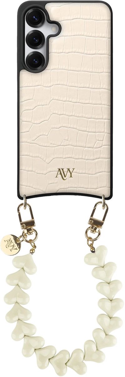 AVY Leren Hoesje Geschikt voor Samsung Galaxy S25 / S24 | Compatibel met MagSafe | Leather Case met Telefoonkoord | Polsband | Croco Beige | Cupid Beige