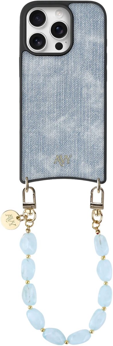 AVY Hoesje Geschikt voor Apple iPhone 16 Pro Max | Compatibel met MagSafe | Kunstleren Case met Telefoonkoord | Polsband | Denim | Rocher Blue