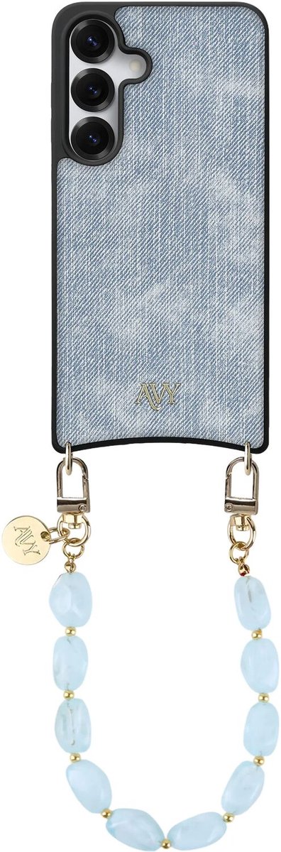 AVY Hoesje Geschikt voor Samsung Galaxy S25 / S24 | Compatibel met MagSafe | Kunstleren Case met Telefoonkoord | Polsband | Denim | Rocher Blue