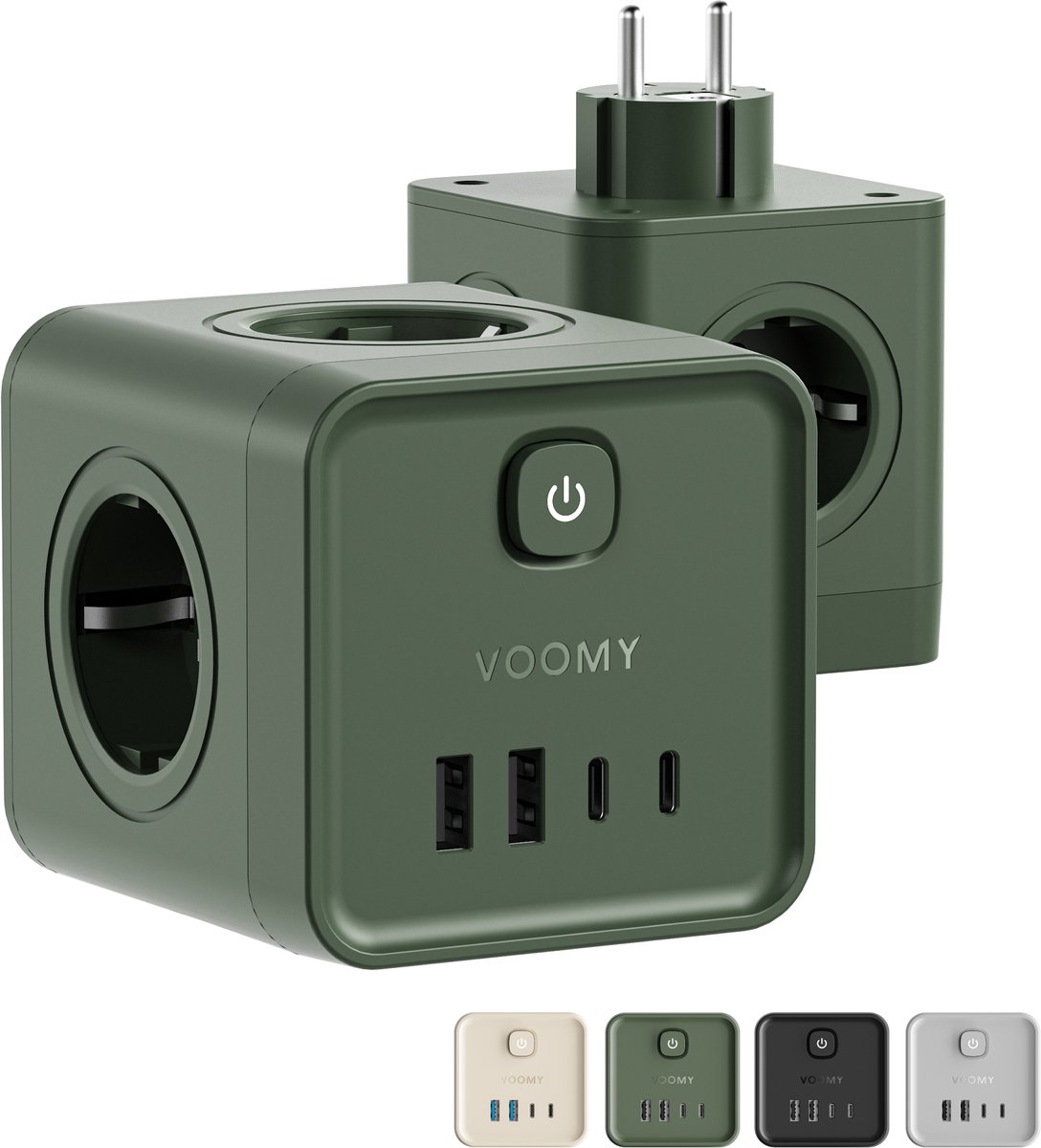 Voomy Verdeelstekker 20W - Stekkerdoos - USB-C & USB-A - Aan/Uit Schakelaar - Stopcontact Splitter - Powercube - Groen