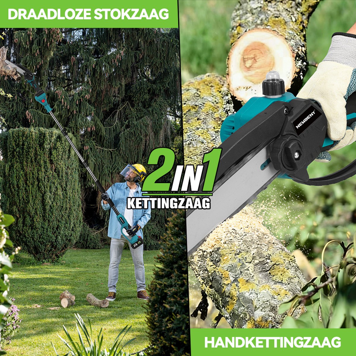 NewBeny Kettingzaag + Telescopische Steel - 6 Inch Kettingzaag - Telescoopsteel Accu-Hoogsnoeier - 1 m tot 2 m - met 2 Accu's - voor Baum- und Heckenschneiden thumbnail 8
