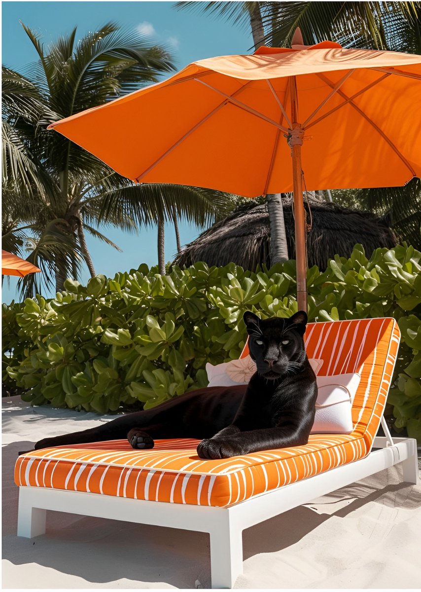 Panter op Ligbed - Dibond Aluminium Wandprint - 100x140 cm - Premium Wanddecoratie - Tropisch Dierenprint - Panter Parasol