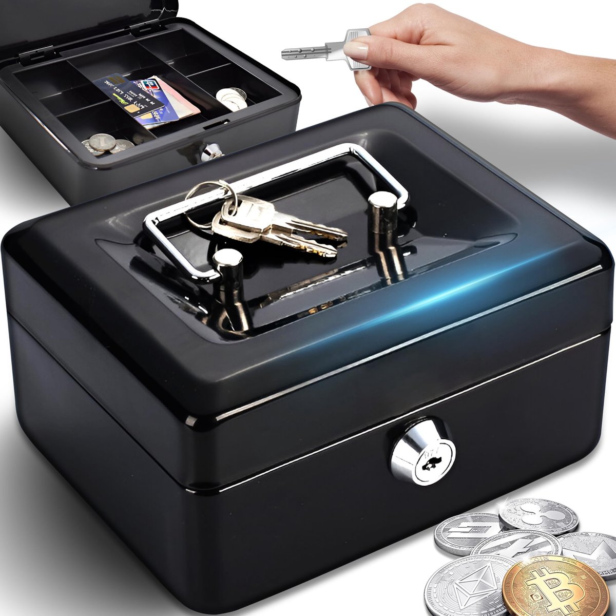 Lockable Cash Box - 15x12x8 cm - Veiligheidsbox met Sleutels en Muntinzet - Zwart