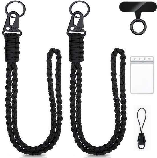 Twee zwarte paracord lanyards, telefoonpatch, transparante badgehouder en bevestigingslus.