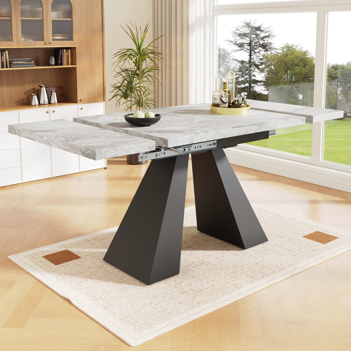 Telescopische Eettafel (99-159 x 74 cm), Uitschuifbare Eettafel, Ruimtebesparende Keukentafel, Breed Werkblad, Flexibel Ontwerp, voor Thuiskantoor en Woonkamer, wit Tafelblad met Platte Tafelpoten-Black+ Gray