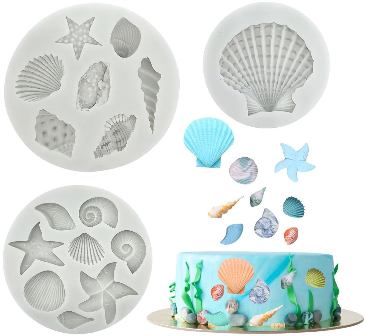 Dailygoods - siliconen vormen voor schelpen - zee-motieven - herbruikbaar en veilig - wit - fondant en chocolade - perfect voor creatief bakken - gesc