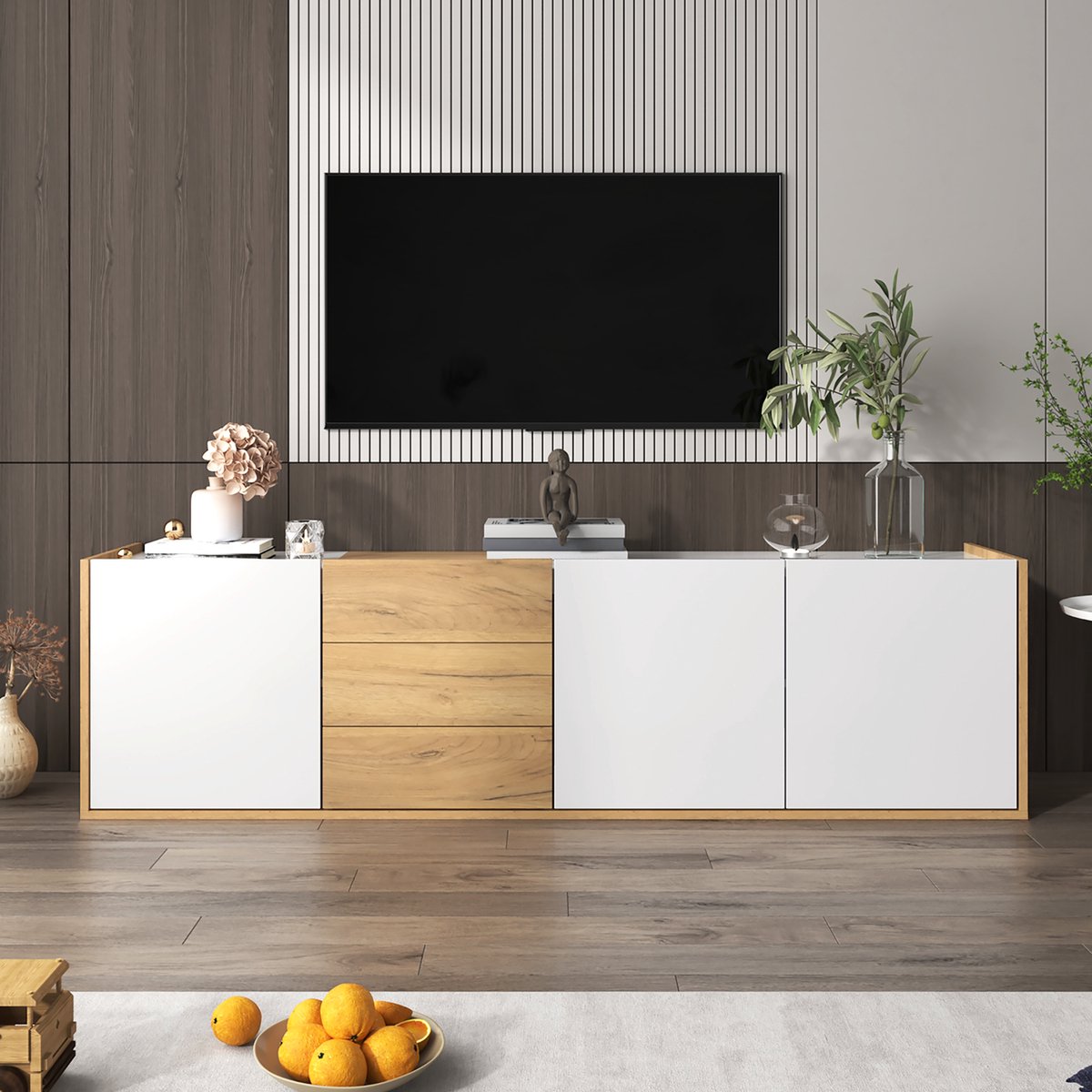 MODFU - TV-Meubel - 3 Deuren En 3 Laden - Verstelbare Planken - Modern - MDF - Wit En Houtkleur - 171,5 x 35 x 47 Cm