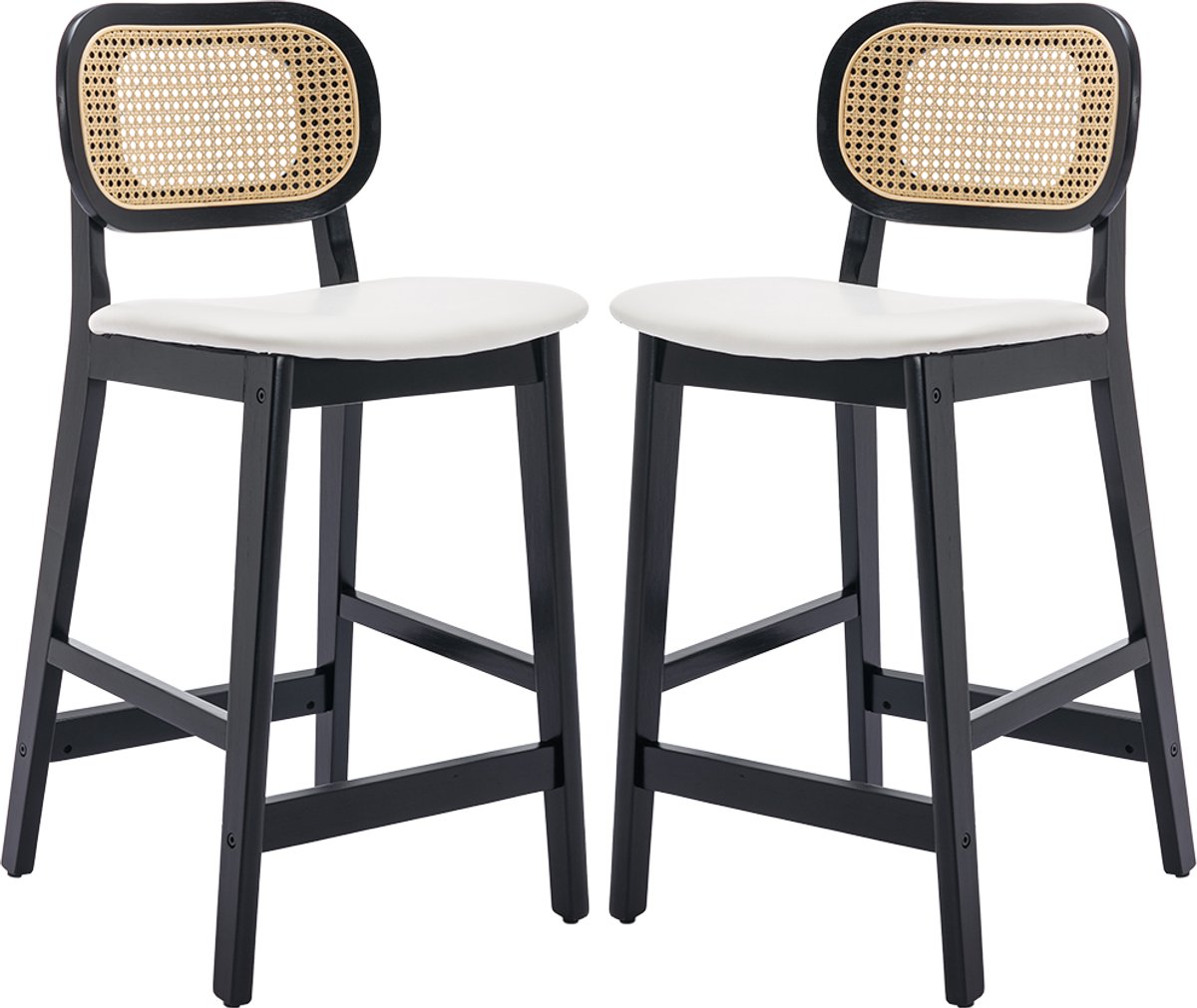 chairus Barkruk Set van 2 Barstoelen - Zwart - Kunstleer - Met Houten Poten en Voetsteun - Gewatteerde zitting - Ratten Rugleuning - Niet Draaibaar - Vaste Hoogte - Armloze Stoelen - Voor Keuken en Bar