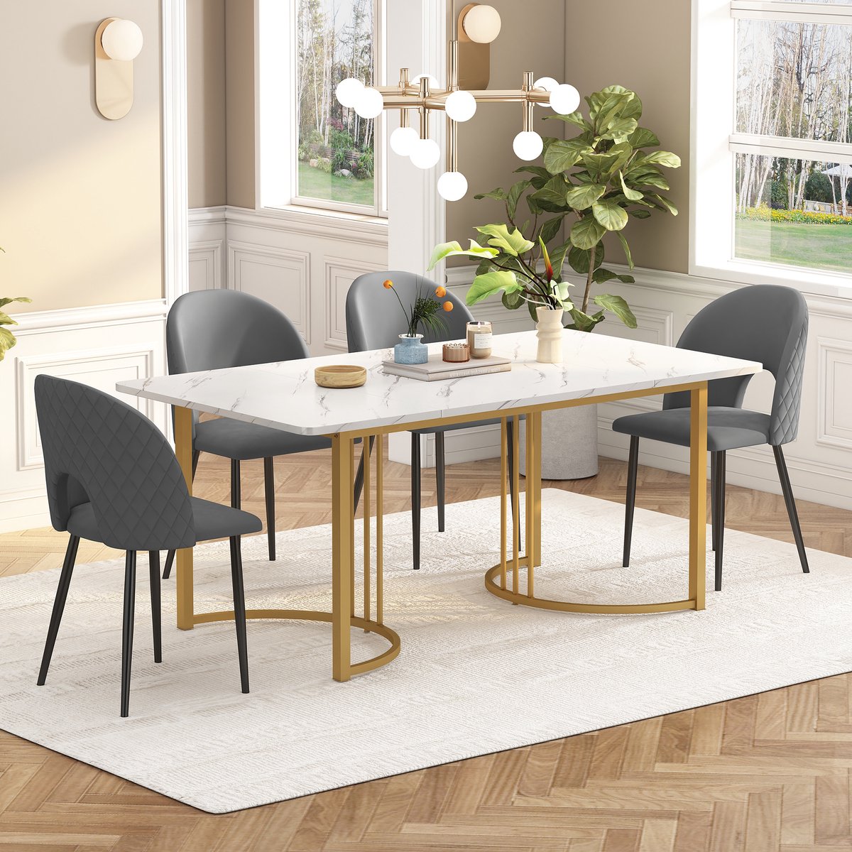 Eettafelset - 140×80 cm - Modern 5-delig Set + 4 Stoelen - MDF Tafel Met Gouden Poten + Di