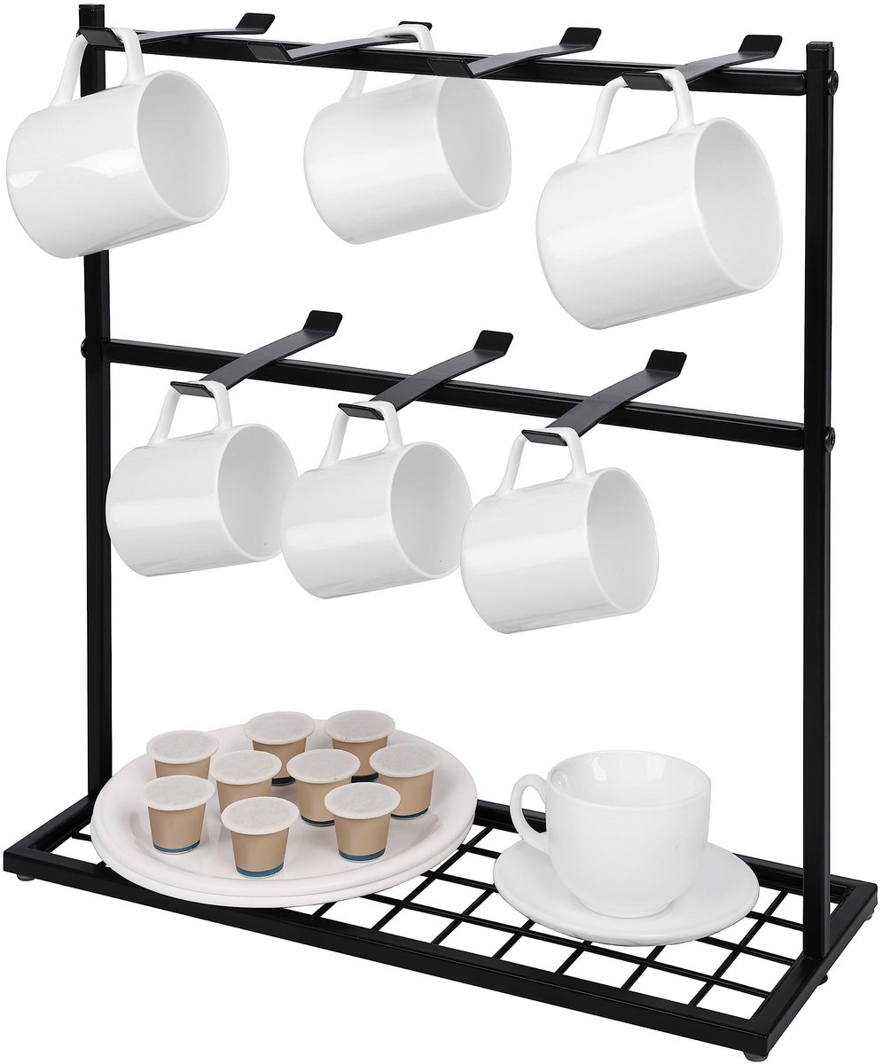 Zeynomax - Koffie Mok Rek Houder - Metalen Organizer - 2 Laags - 14 Haken - Modern Design - Keuken of Koffie Bar