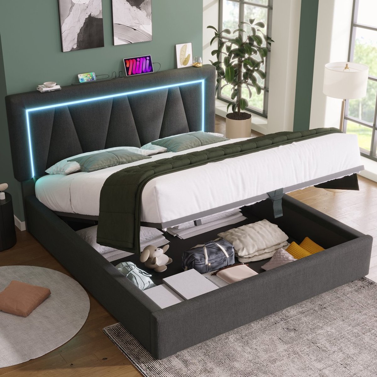 KOMHTOM Gestoffeerd bed - LED-tweepersoonsbed - USB Type-C-oplaadfunctie - LED-verlichting - opbergbedden - linnen bedframe - jeugdbed - 160x200 cm - met lattenbodem - zonder matras Grijs