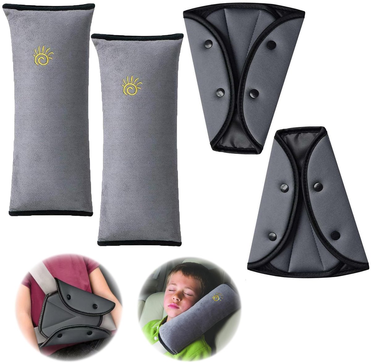 Elzusha - 4 Stuks Gordelkussens voor Kinderen - Autoveiligheidsgordel - Beschermend en Comfortabel - Grijs - Ideaal voor Auto en Kinderwagen - Gesc...