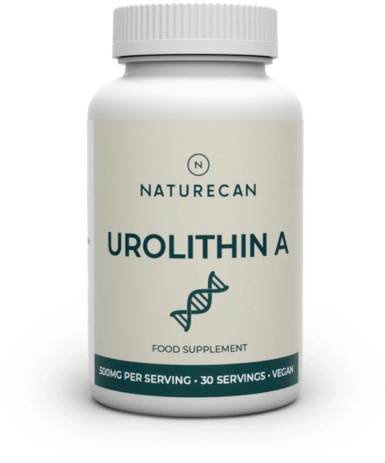 Witte pot met crème etiket met 'NATURECAN Urolithin A FOOD SUPPLEMENT 500MG PER SERVING 30 SERVINGS VEGAN'. DNA-icoon.