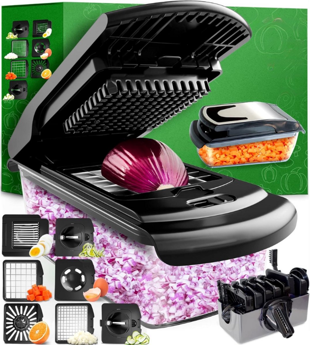 Groentesnijder - Groente-, uien- en saladehakker en -blokjessnijder (handmatig) - Keukengereedschap en -gadgets (7-in-1 roestvrij staal, zwart)