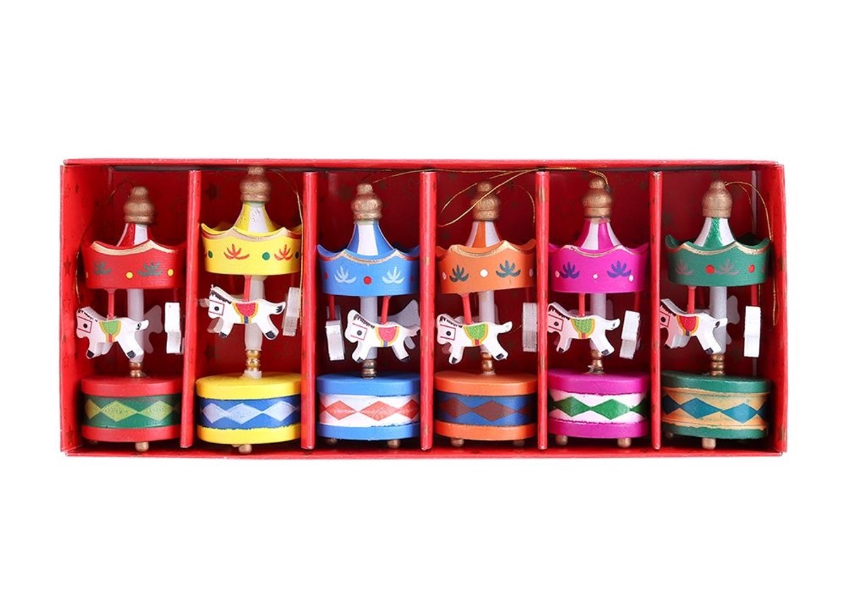 VT Goods - Houten Carousel Paard - Vintage Kerst Ornamenten - Mini Hangdecoratie - Mixed Color - Feestelijke Decoratie - Geschikt voor Kerstmis - 6 ..