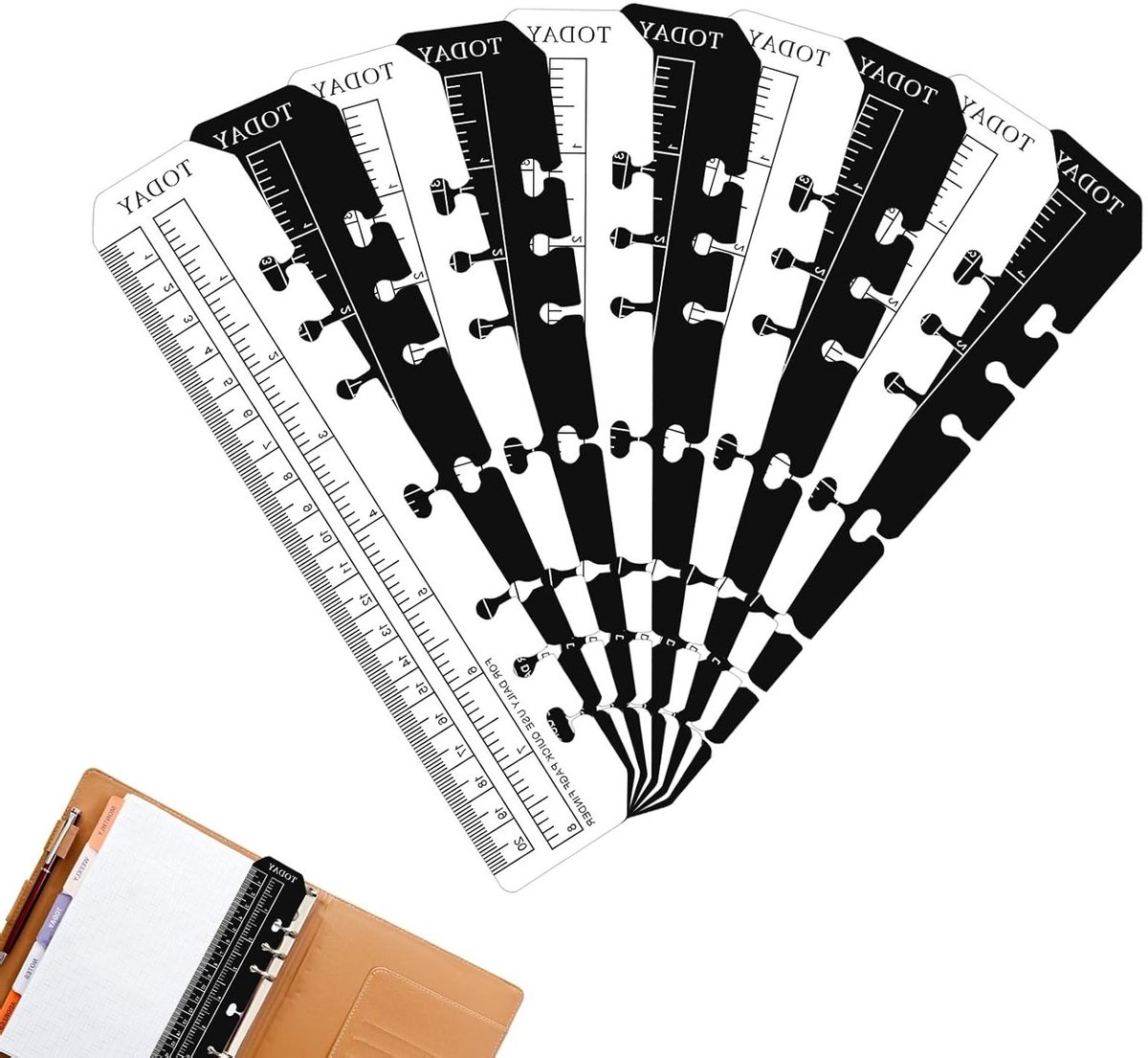 10-delige A5 Liniaal Set met Notitieboek Binder, Plastic Zijmarkers en Bladwijzers voor A5 Notitieboeken en Agenda's (Zwart + Transparant)