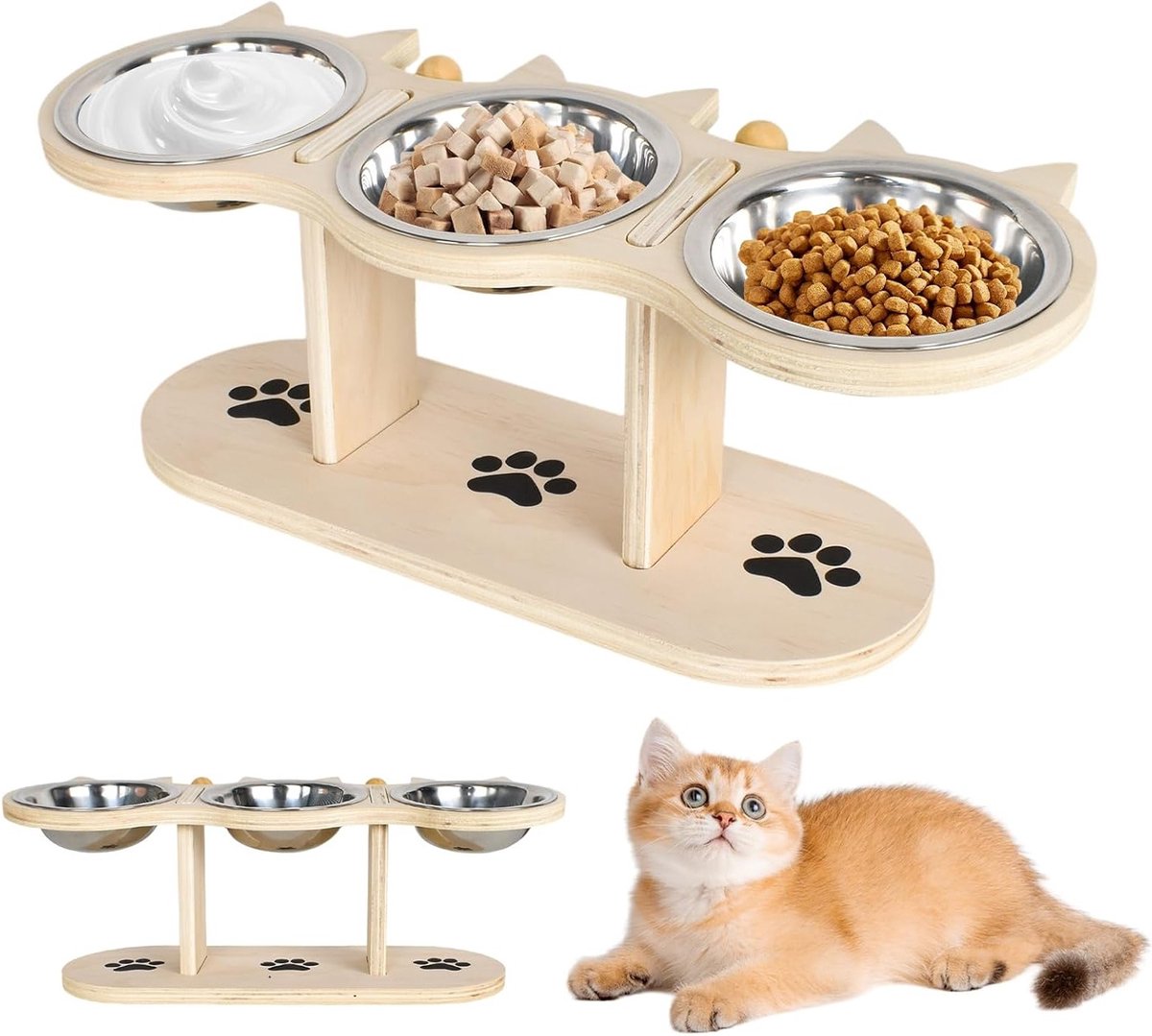 3-in-1 Kattenvoer- en Waterbak Set, Verhoogde Kattenbak, Hoogte Verstelbaar, Roestvrij Staal, Ideaal voor Katten, Puppy’s en Kleine Honden, Duurzaam en Makkelijk Schoon te Maken
