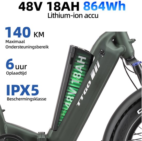 TTGO F6 Bost Opvouwbare Elektrische Fiets - 864Wh Lithium Accu - Actieradius tot 140 km - Hydraulische Schijfremmen - 20×4.0 inch Fatbike Banden - Verende Voorvork met Lock-out - Shimano 7 Versnellingen - Elektrische Stadsfiets - Groen van TTGO — afbeelding 4
