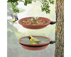 2-Stuks Vogelbadbak - Vogelbadbak voor in de tuin - Drinkbak voor vogels - Badbak voor wilde vogels voor buiten - Voerbak voor vogels - Waterbak - Kan worden geïnstalleerd op houten schuttingen, bomen, terrassen- Bruin