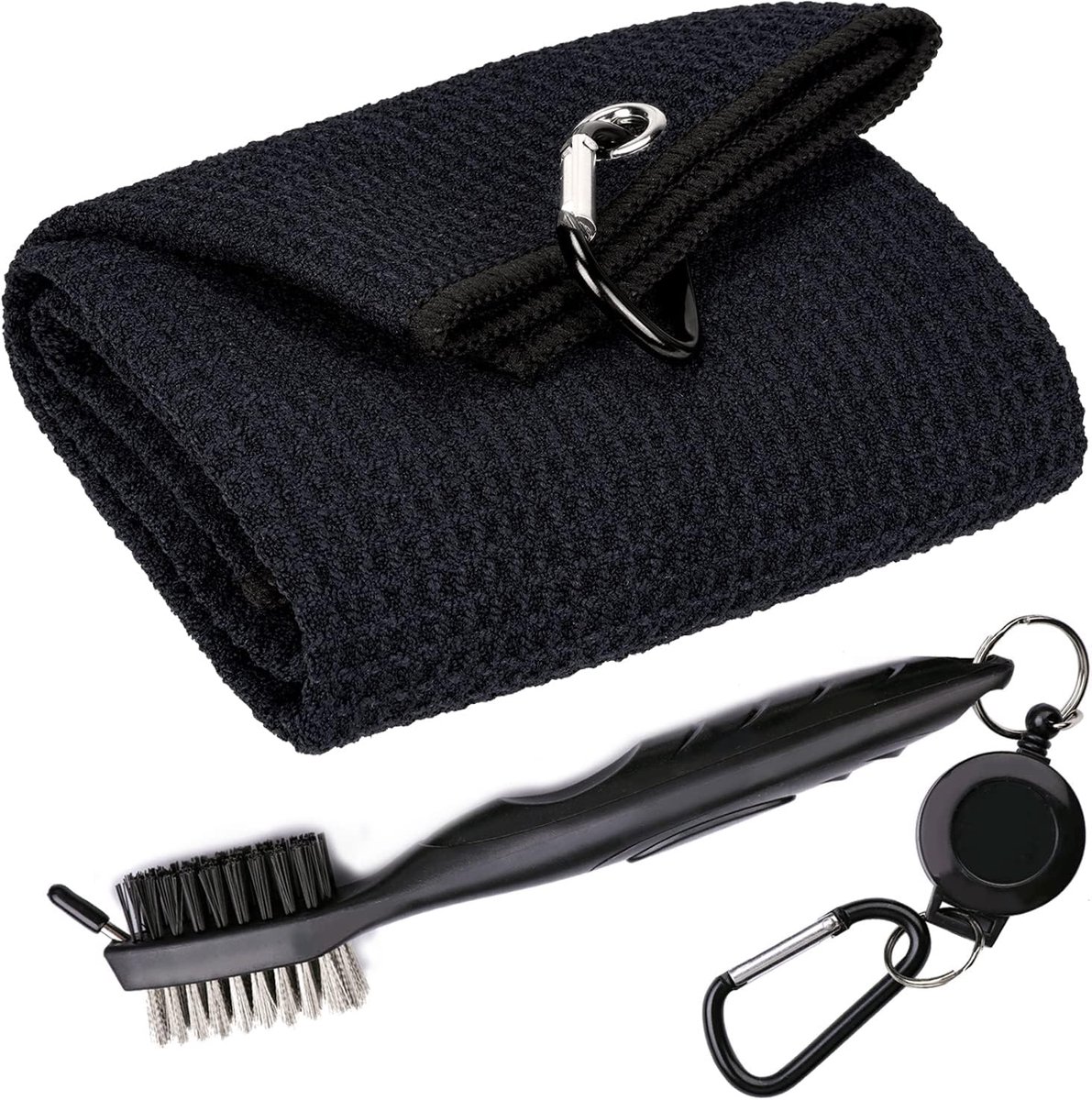 Golfhanddoek en Borstelset - Golfaccessoires - Golfbaan Schoonmaken - Microvezel Wafelpatroon - 40 x 60 cm - Zwart