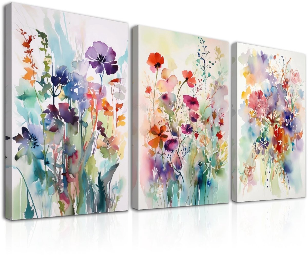 Allecto - Framed Watercolor Flower Wall Art - Set van 3 - Modern Botanisch Decor - 12x16 inch - Kleurrijke Bloemen Prints - Geschikt voor Woonkamer