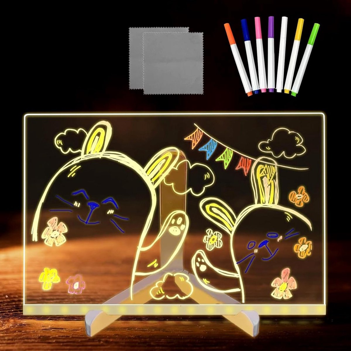 Led-lichtbord met houder, 30 x 20 cm, droog afwisbaar, acryl, ideaal voor kantoor, huis en café, inclusief 7 markers en 2 doeken voor creatief gebruik