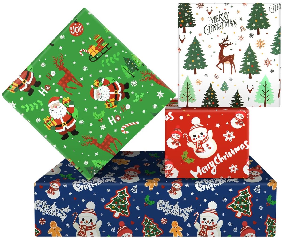 Dailygoods- Kerstpakpapier set van 4 vellen - inpakpapier verjaardag - inpakpapier kinderen - inpakpapier rollen - 50 x 70 cm - iconische kerstontwerpen