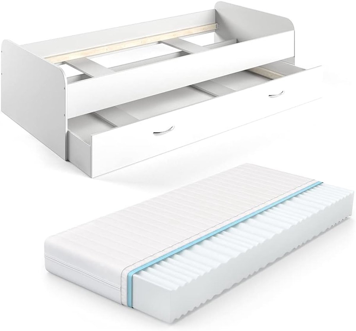 Witte Kinderkamer Opklapbed met Matras 90x200 cm - Uitschuifbaar Logeerbed