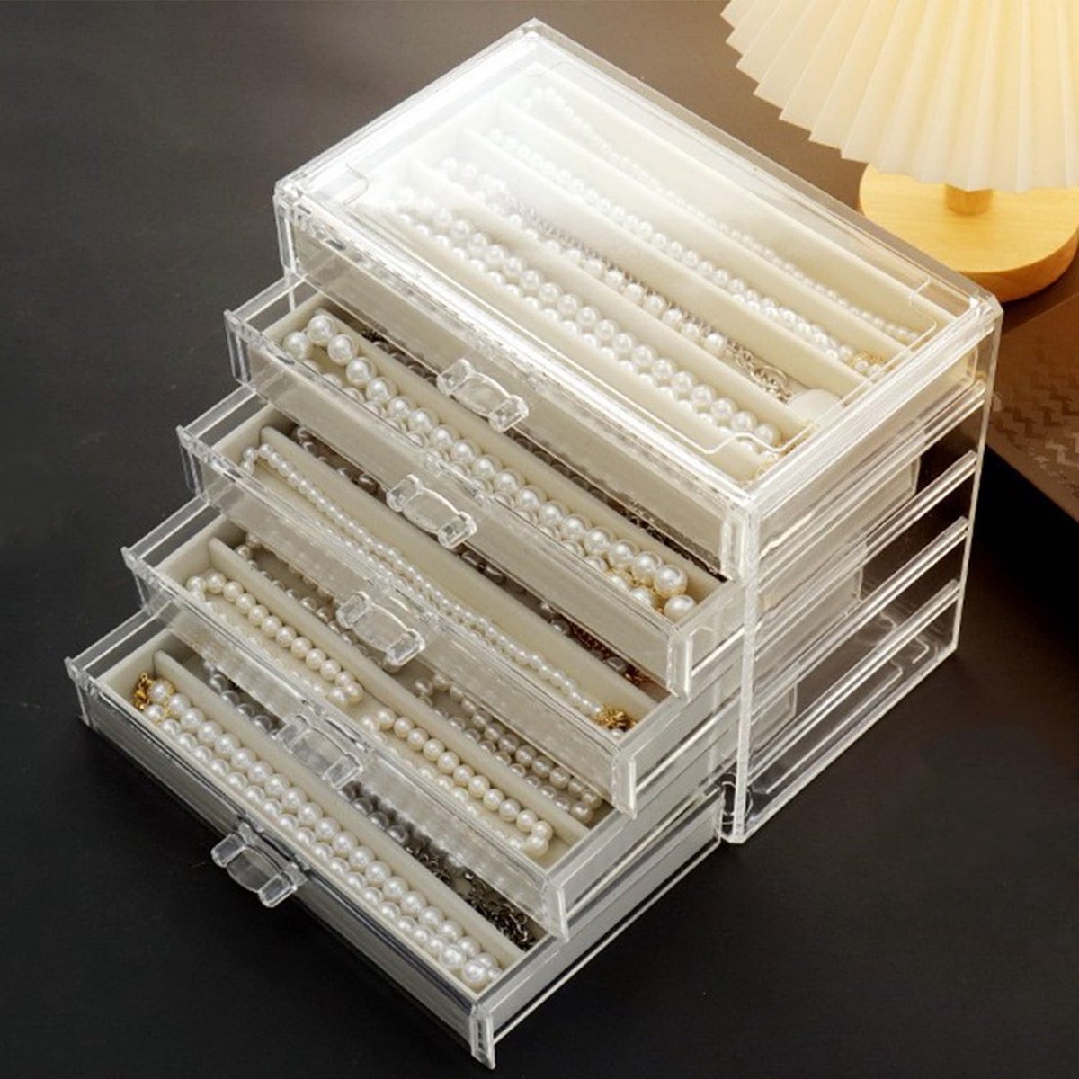 Dailygoods- Halsketting Opbergdoos Acryl - Fluwelen Dienblad - Stofdicht - 5 Lades - Sieraden Organizer - Hoogwaardige Bescherming - Sieradenopbergdoos