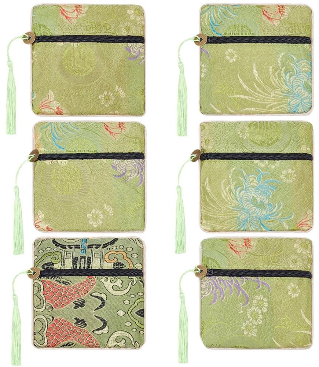 Dailygoods- Sieradenzakje 6 Stuks - Zijde Olijfgroen - Chinese Stijl - Zijden Brokaat - Rits Met Kwastje - Geschenkzakje - Giftbag