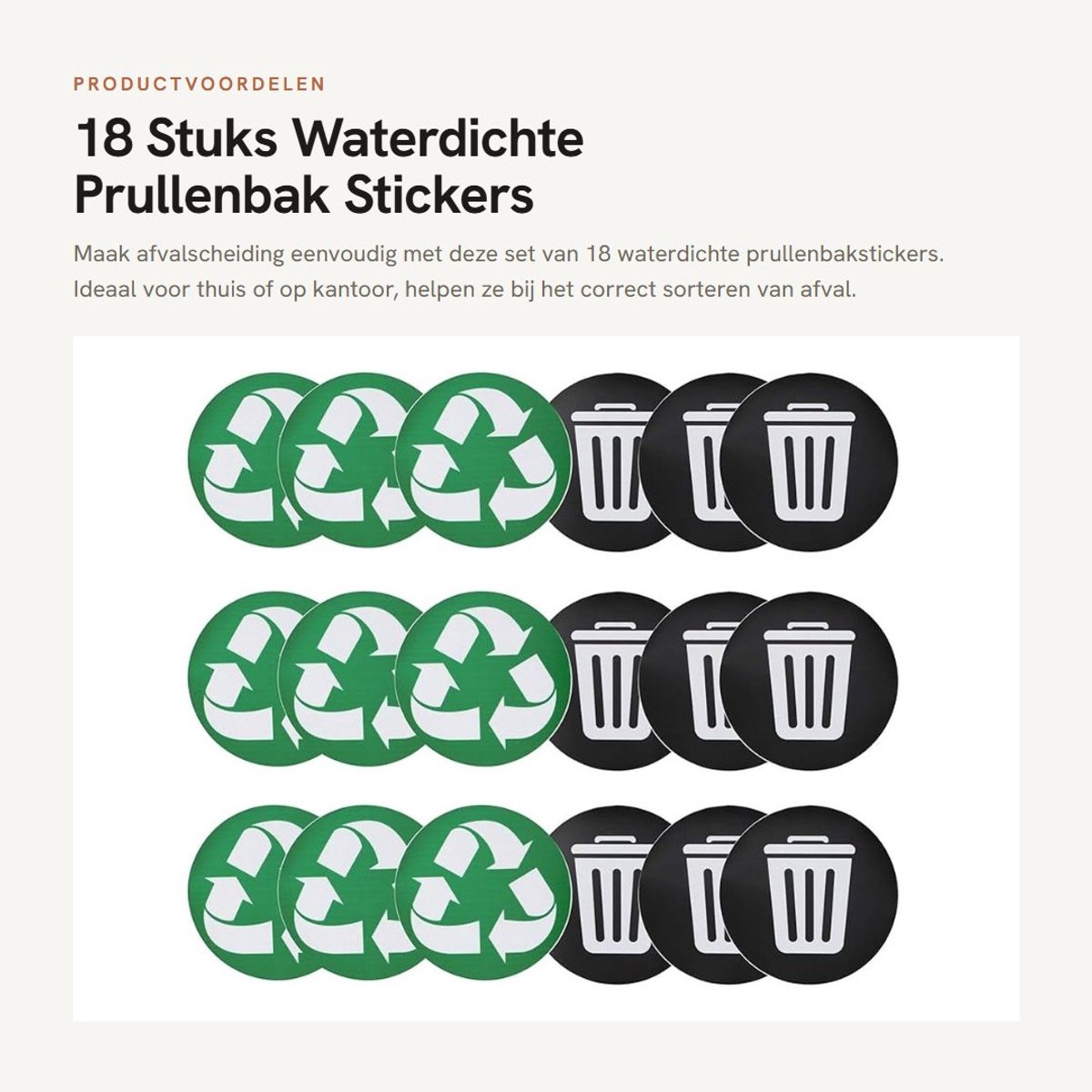Dailygoods- Recycle Sticker - 18 Stuks - Waterdichte Prullenbaksticker - Zelfklevende Sticker - Mat Gelamineerd PVC - Diameter 12,5 cm - Vuilnisbaksticker