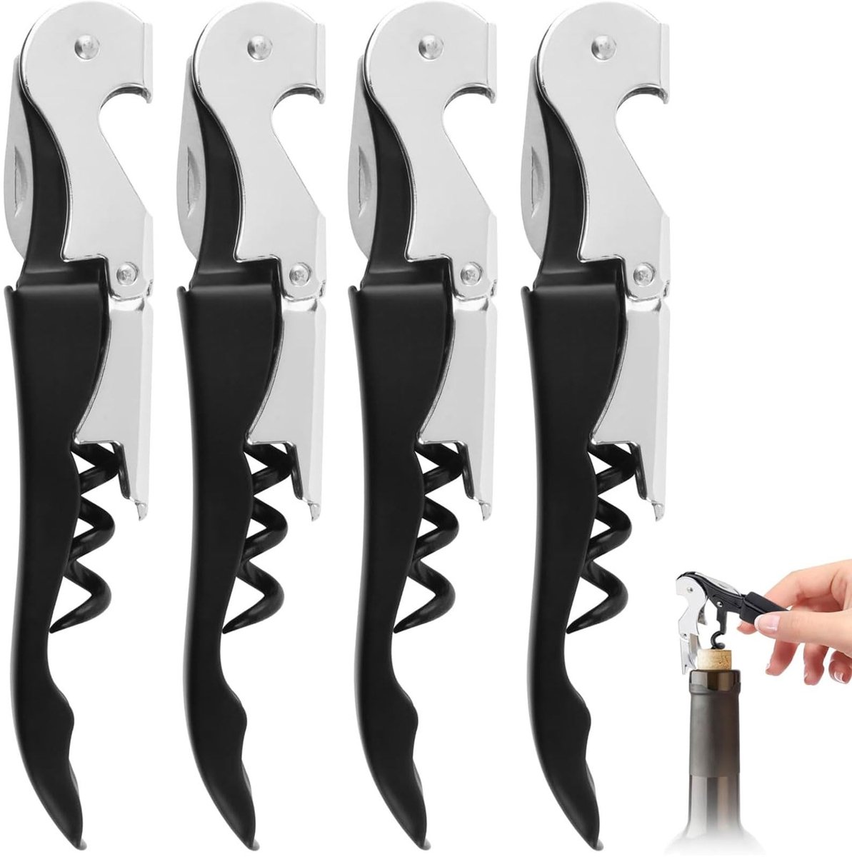 Dailygoods- Kelnermes Set van 4 - 3-in-1 Flesopener - Kurkentrekker - Wijnopener - Biersnijder - Professioneel met Foliesnijder