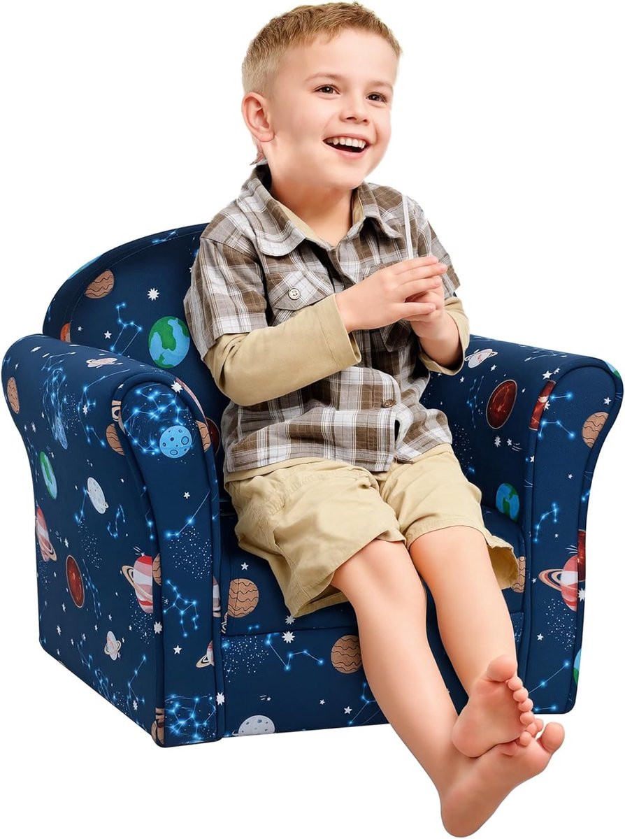 Kinderfauteuil Planeten - Kindertroon Zetel - Spelen Lezen Ontspannen - Stevig Houten Frame - 44cm Hoog - Blauw